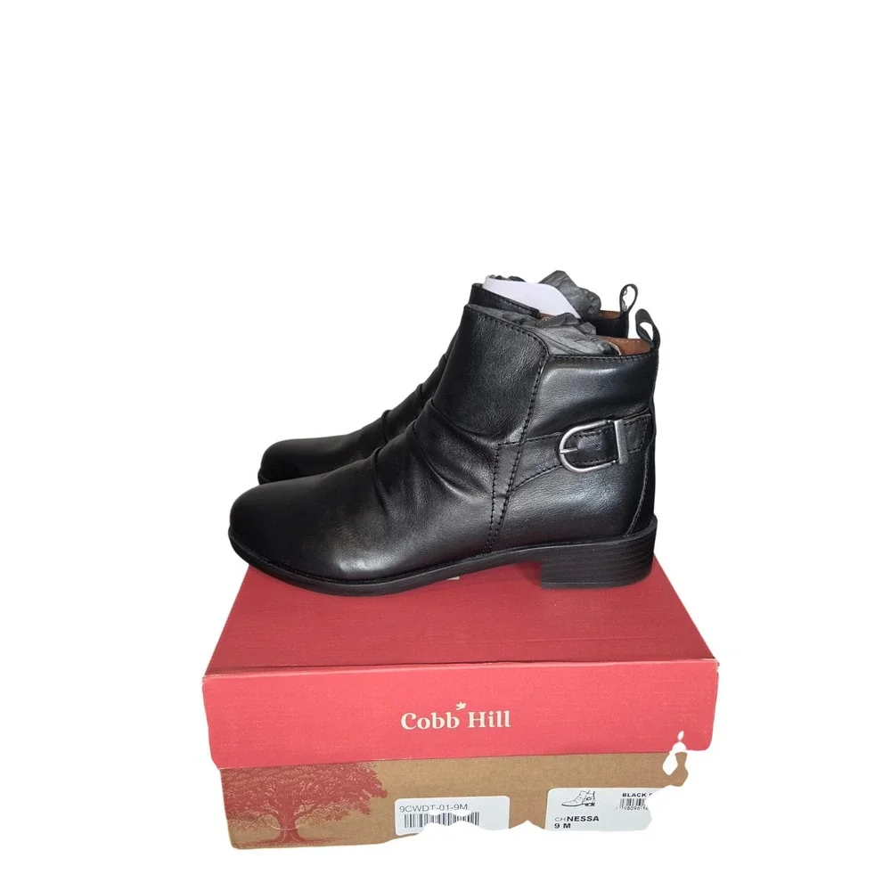 Cobb Hill Vanessa Black Leather Ankle Boots Womens 8M Buckle Side Zip Booties